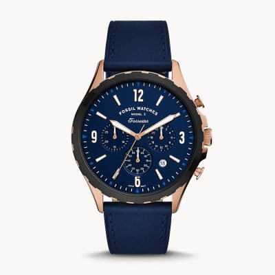 Fossil Men's Forrester Chronograph Navy Leather Watch FS5814