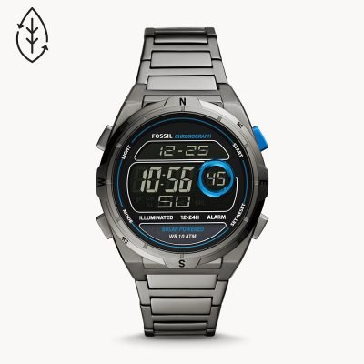 Fossil Men's Everett Solar-Powered Digital Smoke Stainless Steel Watch FS5861
