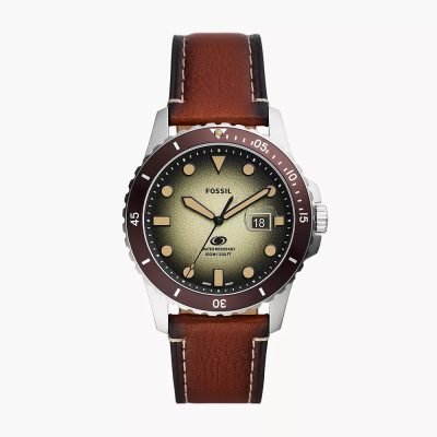 Fossil Men's Blue Dive Three-Hand Date Brown LiteHide™ Leather Watch FS5961