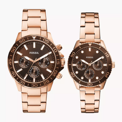 Fossil His and Hers Multifunction Rose Gold-Tone Stainless Steel Watch Box BQ2827SET