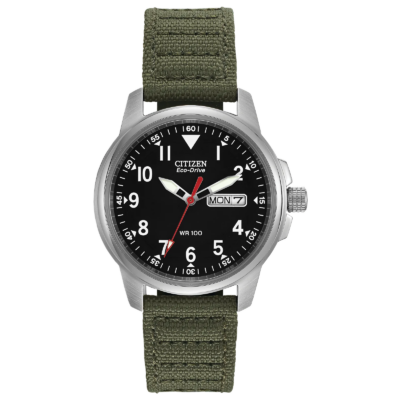 Citizen Men's Eco-Drive Weekender Garrison Field Watch in Stainless Steel with Olive Nylon Strap Black Dial BM8180-03E