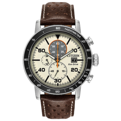 Citizen Men's Eco-Drive Weekender Brycen Chronograph Stainless Steel Brown Leather strap Ivory Dial CA0649-06X