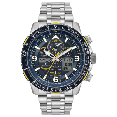 Citizen Men's Stainless Steel Analog-Digital Blue Angels Chrono SS Bracelet Blue Dial Eco-Drive Watch Promaster Skyhawk A-T JY8078-52L