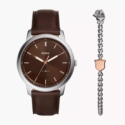 Fossil Men's Minimalist Three-Hand Brown Leather Watch and Bracelet Box Set FS6019SET