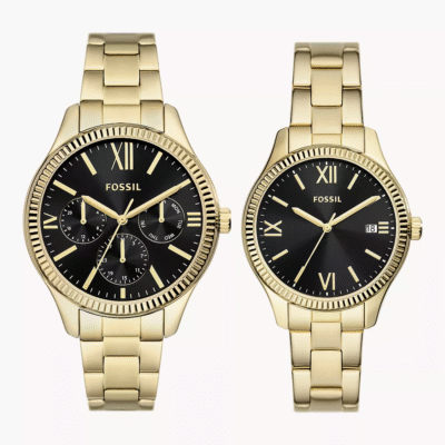 Fossil His and Hers Multifunction Gold-Tone Stainless Steel Watch Box Set - BQ2829SET