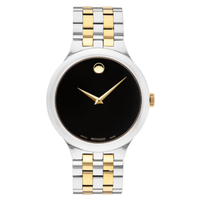 Movado Men's Swiss Black Museum Dial Two Tone Gold Silver Stainless Steel Bracelet  Veturi Watch 0607416